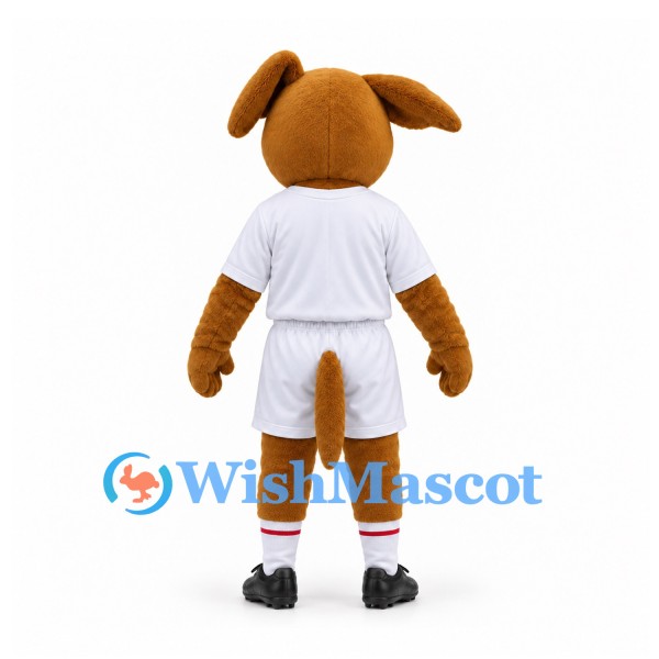 Dog Mascot Costume in Brown with White Sports Uniform and Red Chevron