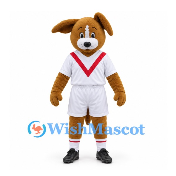 Dog Mascot Costume in Brown with White Sports Uniform and Red Chevron