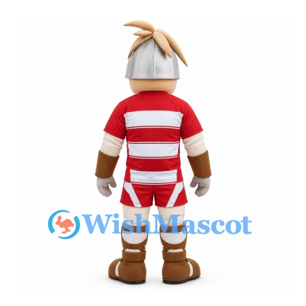 Warrior Mascot Costume with Silver Helmet and Red Striped Sports Uniform