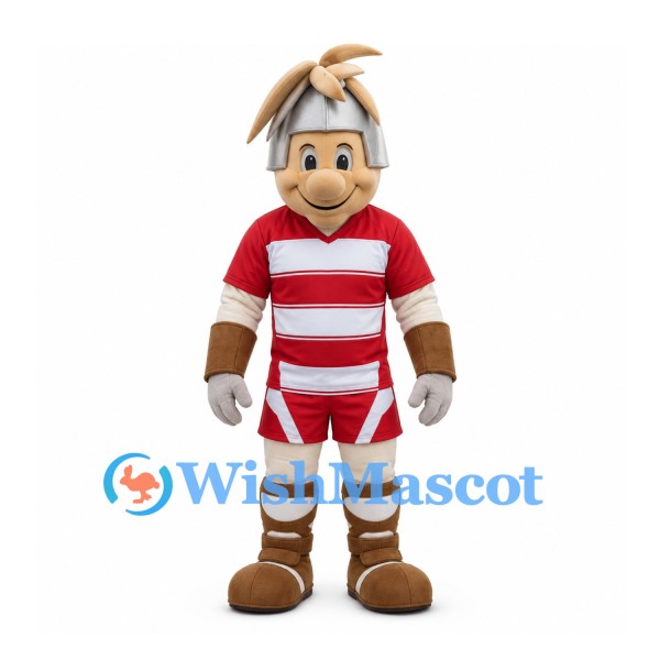 Warrior Mascot Costume with Silver Helmet and Red Striped Sports Uniform