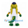 Dragon Mascot Costume in Green with Shaggy Yellow Hair and Baseball Uniform