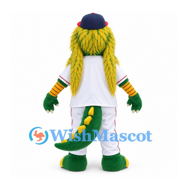 Dragon Mascot Costume in Green with Shaggy Yellow Hair and Baseball Uniform