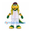 Dragon Mascot Costume in Green with Shaggy Yellow Hair and Baseball Uniform