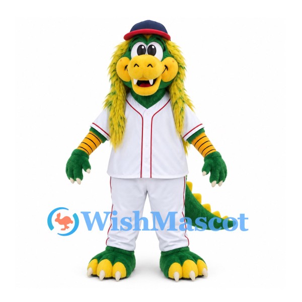 Dragon Mascot Costume in Green with Shaggy Yellow Hair and Baseball Uniform