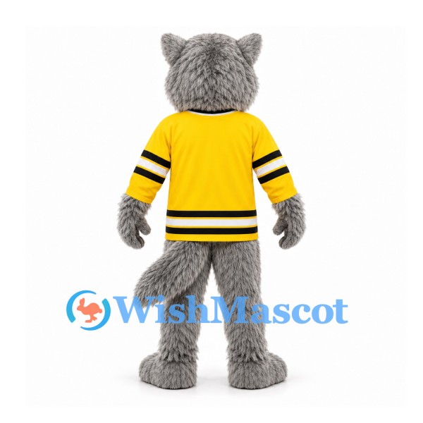 Wolf Mascot Costume in Gray with Yellow and Black Sports Shirt