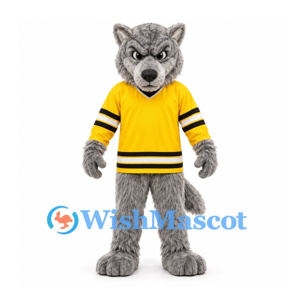 Wolf Mascot Costume in Gray with Yellow and Black Sports Shirt