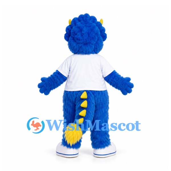 Blue Monster Mascot Costume with Yellow Horns and White Shirt
