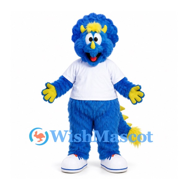Blue Monster Mascot Costume with Yellow Horns and White Shirt