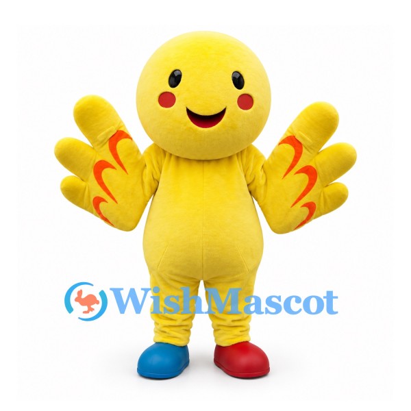 Yellow Bird Mascot Costume with Flame Patterned Wings and Mismatched Shoes