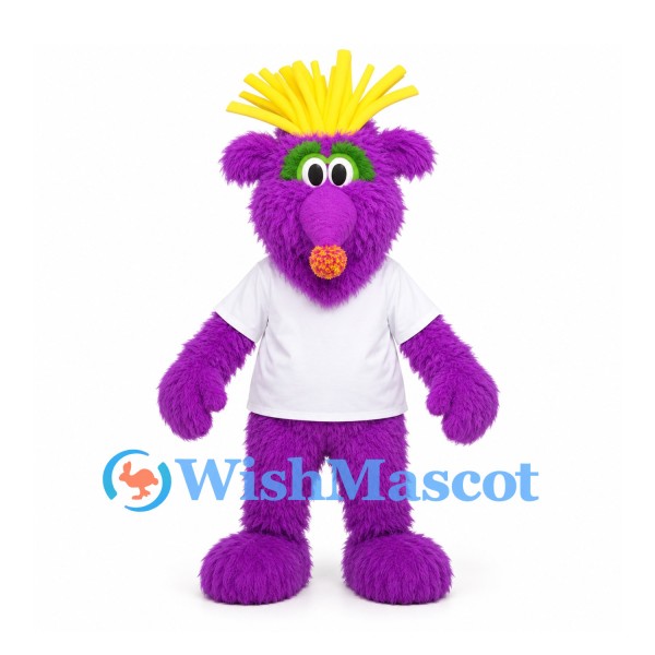 Purple Monster Mascot Costume with Yellow Spiked Hair and White Shirt