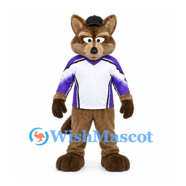 Dog Mascot Costume in Brown with Black Cap and White Sports Shirt