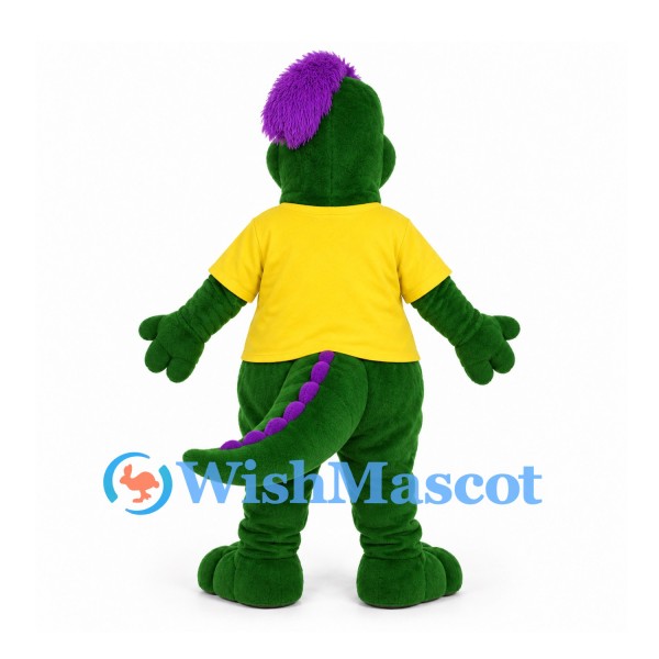 Dinosaur Mascot Costume in Green with Purple Hair and Yellow Shirt