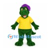 Dinosaur Mascot Costume in Green with Purple Hair and Yellow Shirt