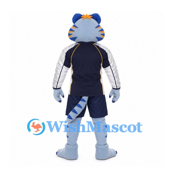 Tiger Mascot Costume in Light Blue with Navy Sports Uniform