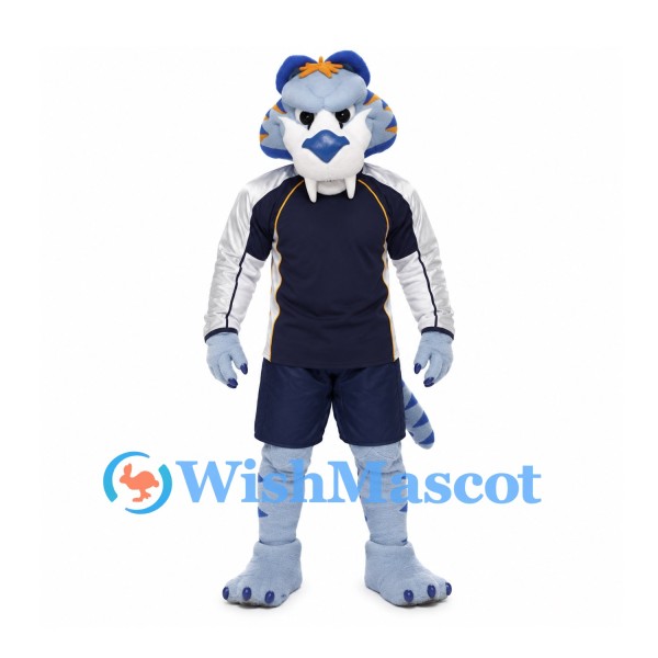 Tiger Mascot Costume in Light Blue with Navy Sports Uniform
