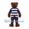 Bear Mascot Costume in Brown with Navy Striped Shirt and Shorts
