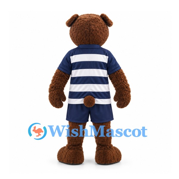 Bear Mascot Costume in Brown with Navy Striped Shirt and Shorts