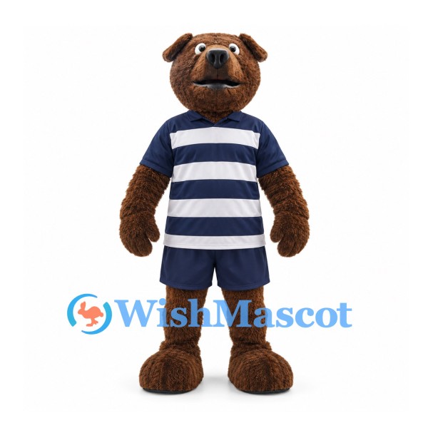 Bear Mascot Costume in Brown with Navy Striped Shirt and Shorts