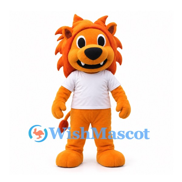 Lion Mascot Costume in Orange with White Shirt and Sculpted Mane