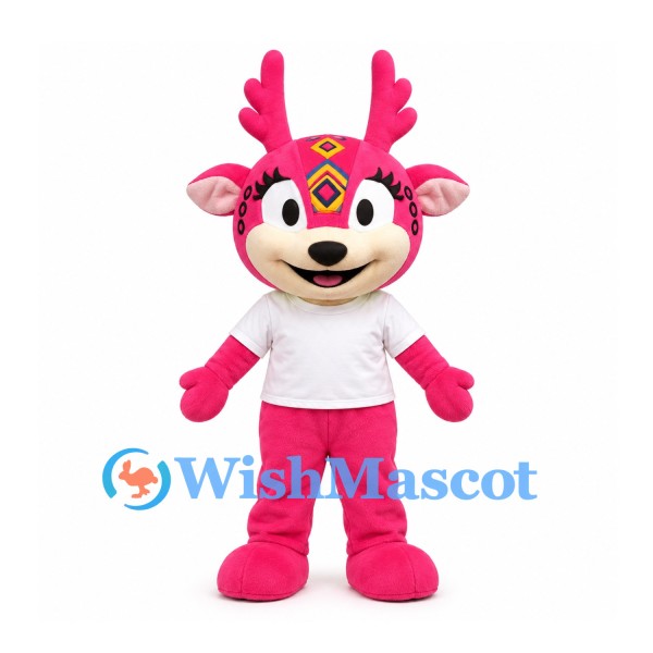Deer Mascot Costume in Pink with Decorated Forehead and White Shirt