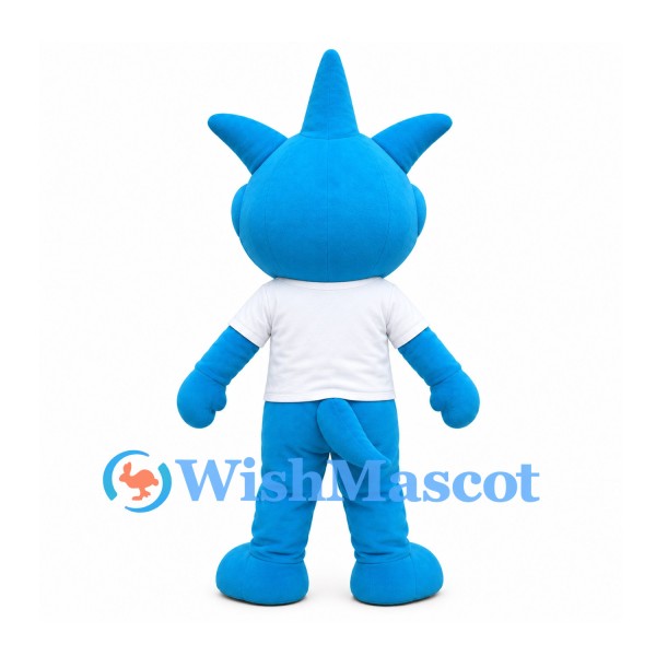 Blue Monster Mascot Costume with Three Head Spikes and White Shirt
