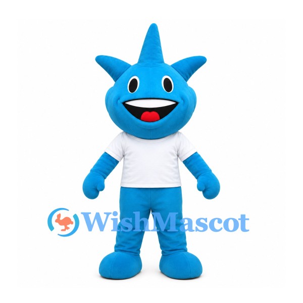 Blue Monster Mascot Costume with Three Head Spikes and White Shirt