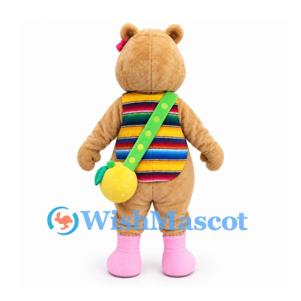 Capybara Mascot Costume in Tan with Rainbow Vest and Yellow Shoulder Bag