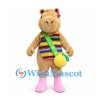 Capybara Mascot Costume in Tan with Rainbow Vest and Yellow Shoulder Bag