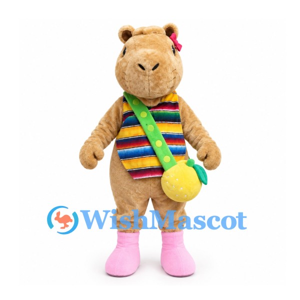 Capybara Mascot Costume in Tan with Rainbow Vest and Yellow Shoulder Bag