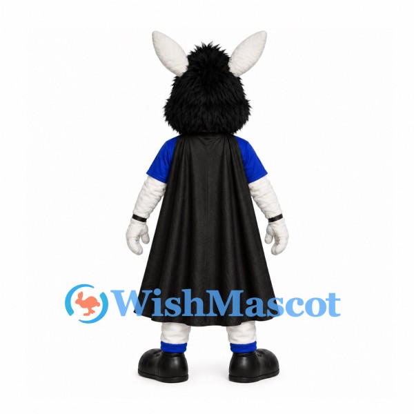 Rabbit Superhero Mascot Costume with Blue Shirt and Black Cape