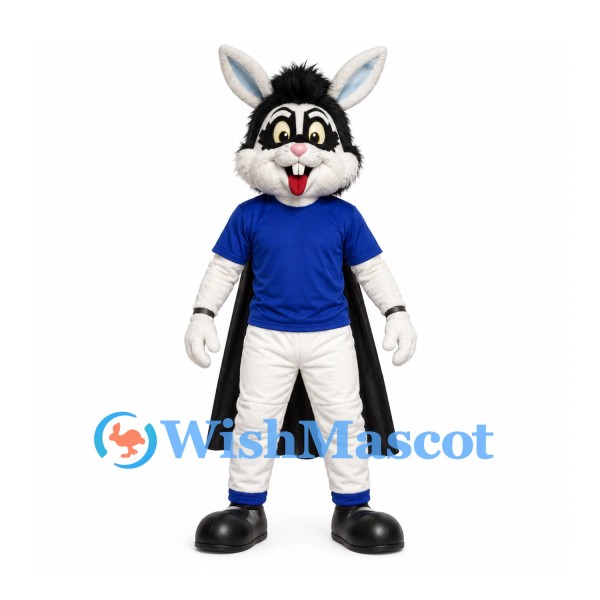 Rabbit Superhero Mascot Costume with Blue Shirt and Black Cape