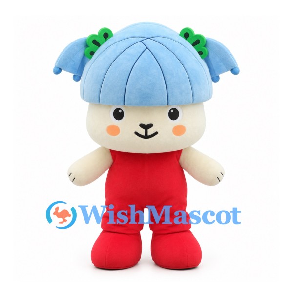 Mushroom Character Mascot Costume with Blue Cap and Red Overalls