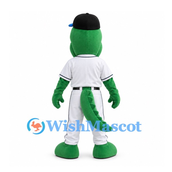 Alligator Mascot Costume in Green with Black Cap and White Baseball Uniform