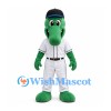 Alligator Mascot Costume in Green with Black Cap and White Baseball Uniform