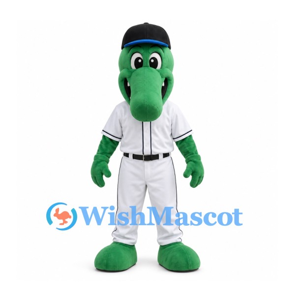 Alligator Mascot Costume in Green with Black Cap and White Baseball Uniform