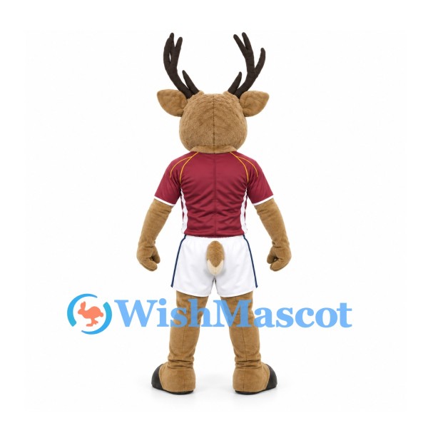 Deer Mascot Costume with Brown Antlers and Burgundy Sports Shirt
