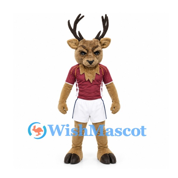 Deer Mascot Costume with Brown Antlers and Burgundy Sports Shirt
