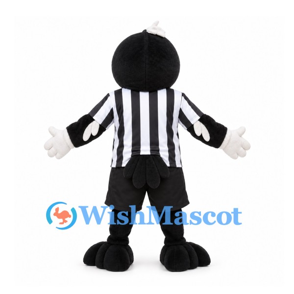 Black Bird Mascot Costume with Red Beak and Striped Referee Shirt