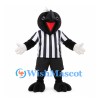 Black Bird Mascot Costume with Red Beak and Striped Referee Shirt