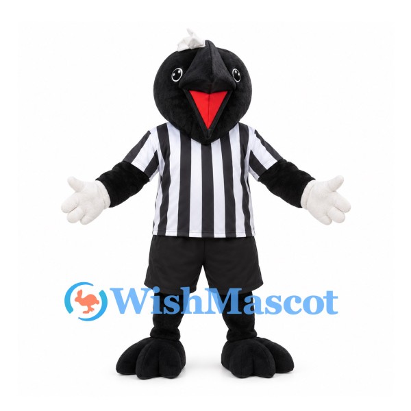 Black Bird Mascot Costume with Red Beak and Striped Referee Shirt