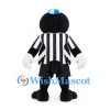 Black Bird Mascot Costume with Blue Cap and Striped Referee Shirt