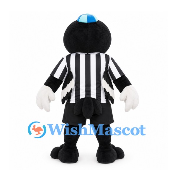 Black Bird Mascot Costume with Blue Cap and Striped Referee Shirt