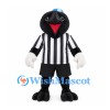 Black Bird Mascot Costume with Blue Cap and Striped Referee Shirt
