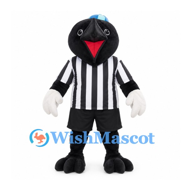 Black Bird Mascot Costume with Blue Cap and Striped Referee Shirt
