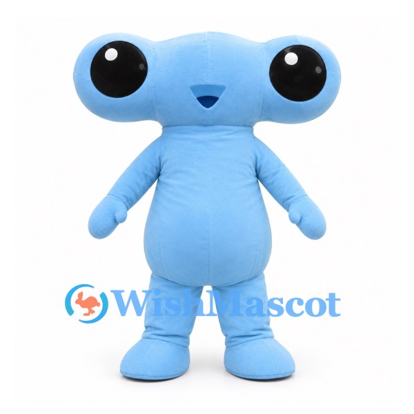Alien Mascot Costume in Light Blue with Wide Eyestalk Head
