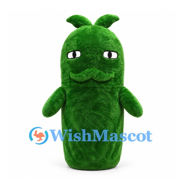 Cucumber Mascot Costume in Dark Green with Leaf Tuft and Moustache