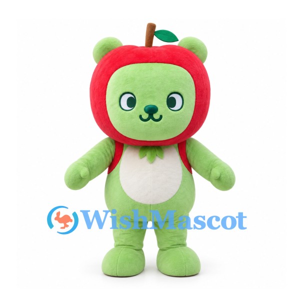 Bear Mascot Costume in Light Green with Red Apple Hood