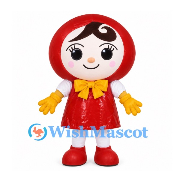 Girl Mascot Costume with Round Red Hood and Yellow Bow