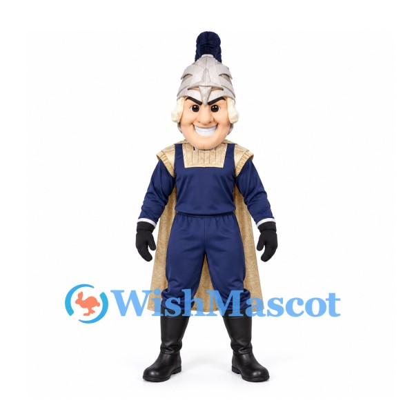 Warrior Mascot Costume with Silver Crested Helmet and Gold Cape