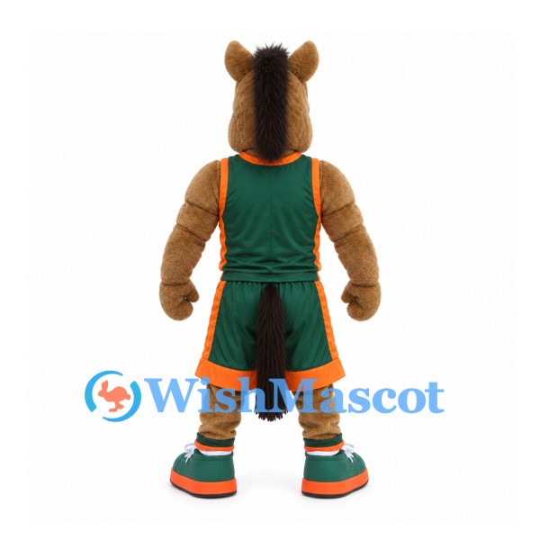 Horse Mascot Costume in Brown with Green and Orange Basketball Uniform